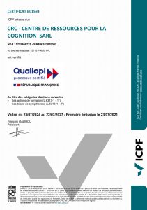 Certificat Qualiopi B01593 de l'ICPF valide du 23/07/2024 au 22/07/2027 pour les actions de formations et les bilans de compétences